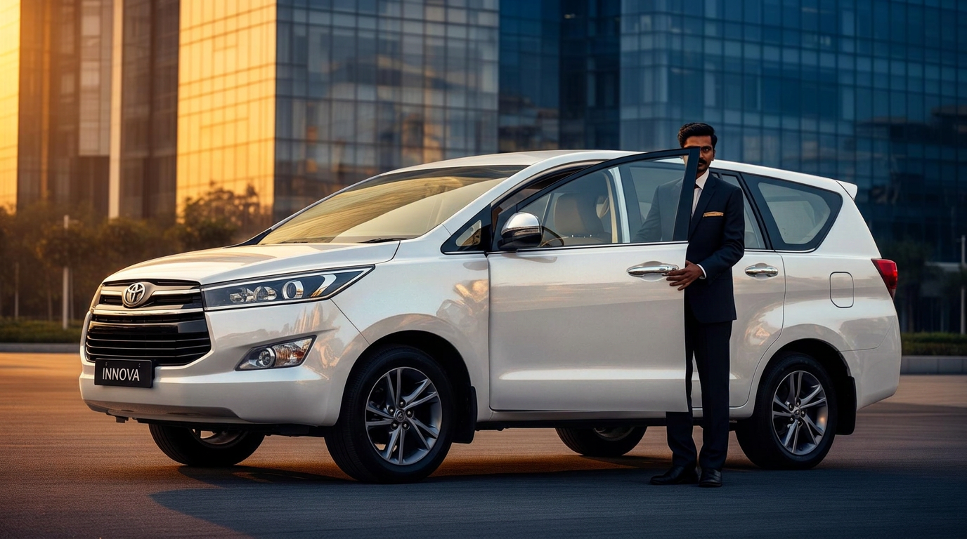 Professional chauffeur standing beside a white executive vehicle for corporate mobility